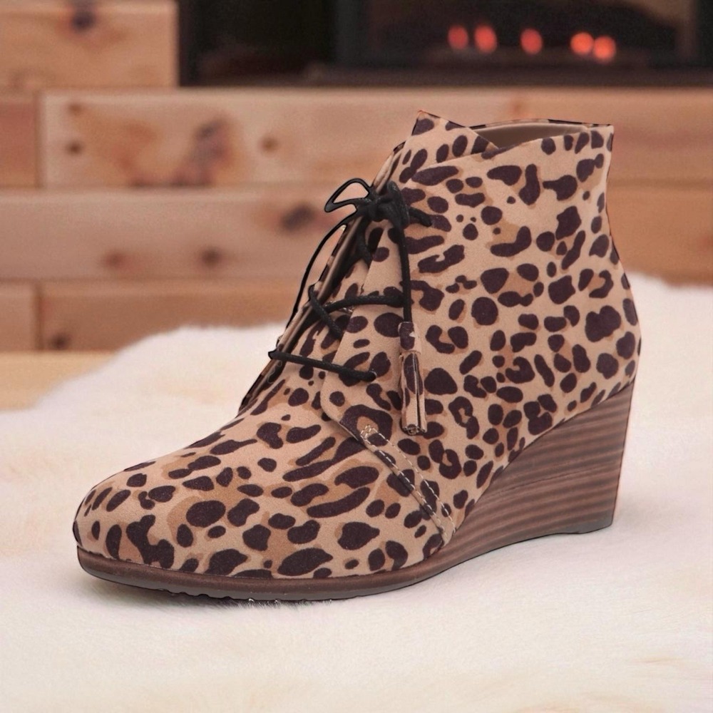 Dr. Scholl's Dakota Tan Black Leopard Print Tassel Closed Chunky Wedge Lace Up 9